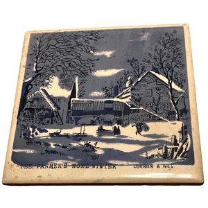 CURRIER & IVES TRIVET COASTER TILE CERAMIC Blu White VTG 4X4" Transferware GUC